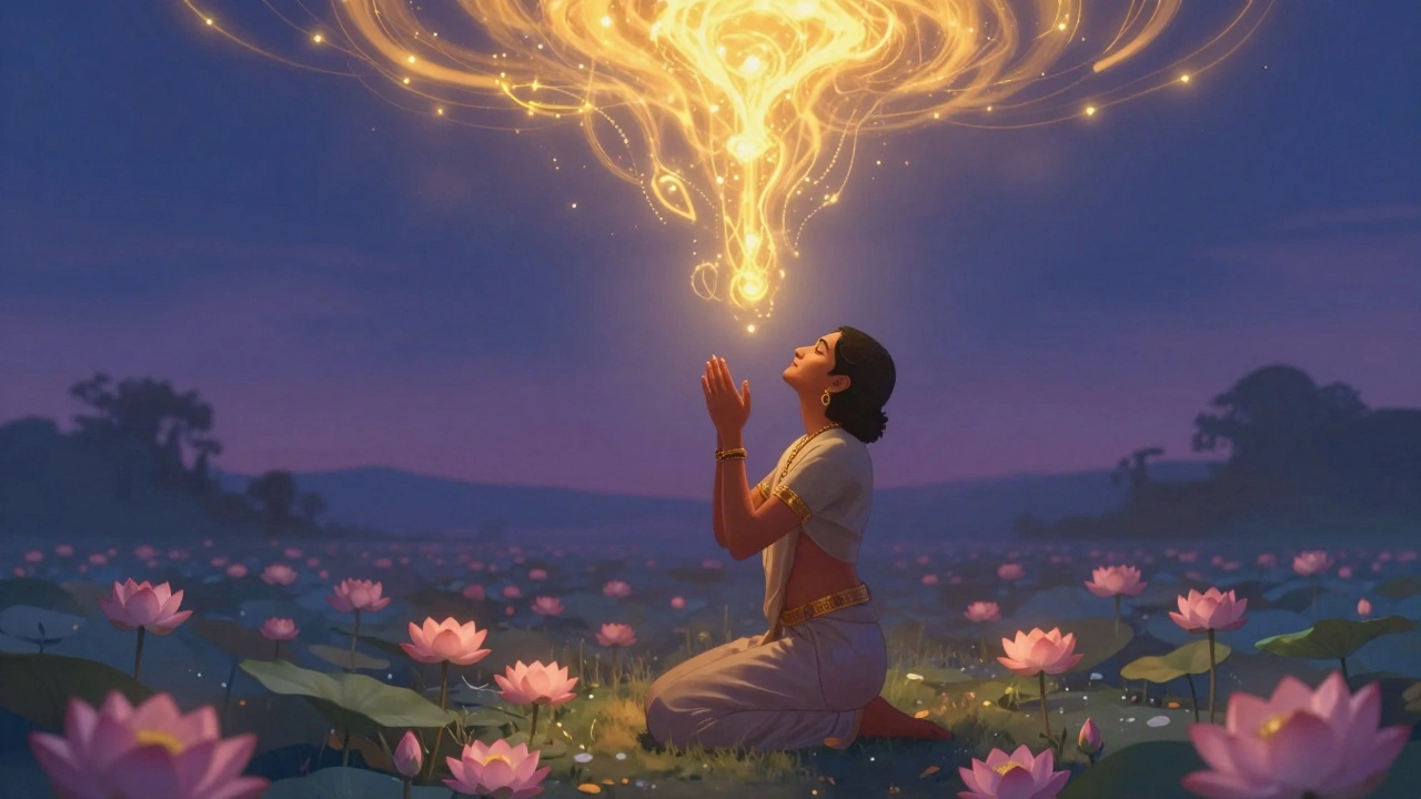 Devotee reaching toward divine golden light in lotus field