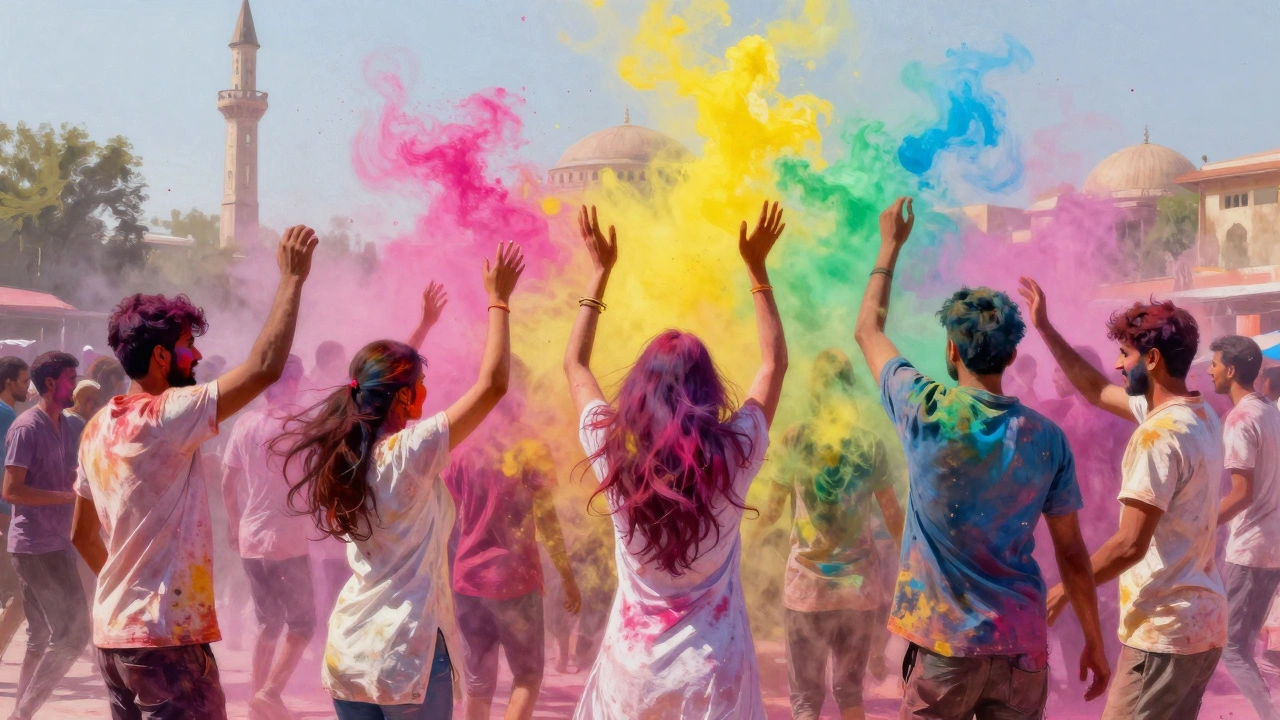 Diverse crowd joyfully throwing colored powder during a festive Holi celebration outdoors