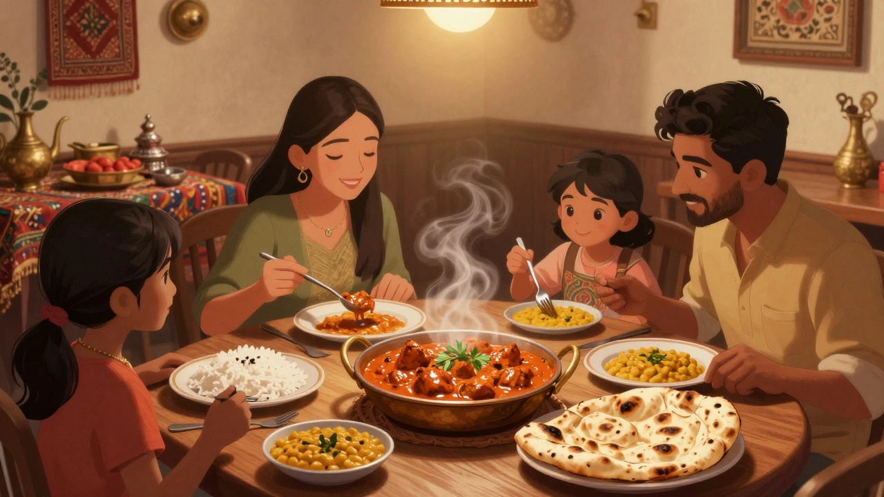 Family enjoying butter chicken and naan bread in a warm, traditional Indian restaurant.