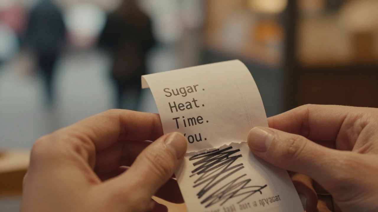 Fingers tracing words 'Sugar. Heat. Time. You.' on a receipt, surrounded by black marker strokes.