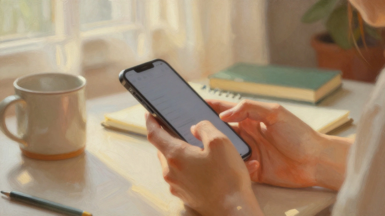 Hands holding a phone with morning light shining in a cozy room.