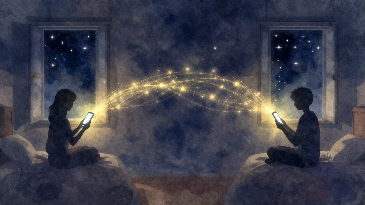 Illustration of two people connected by glowing light from phones.