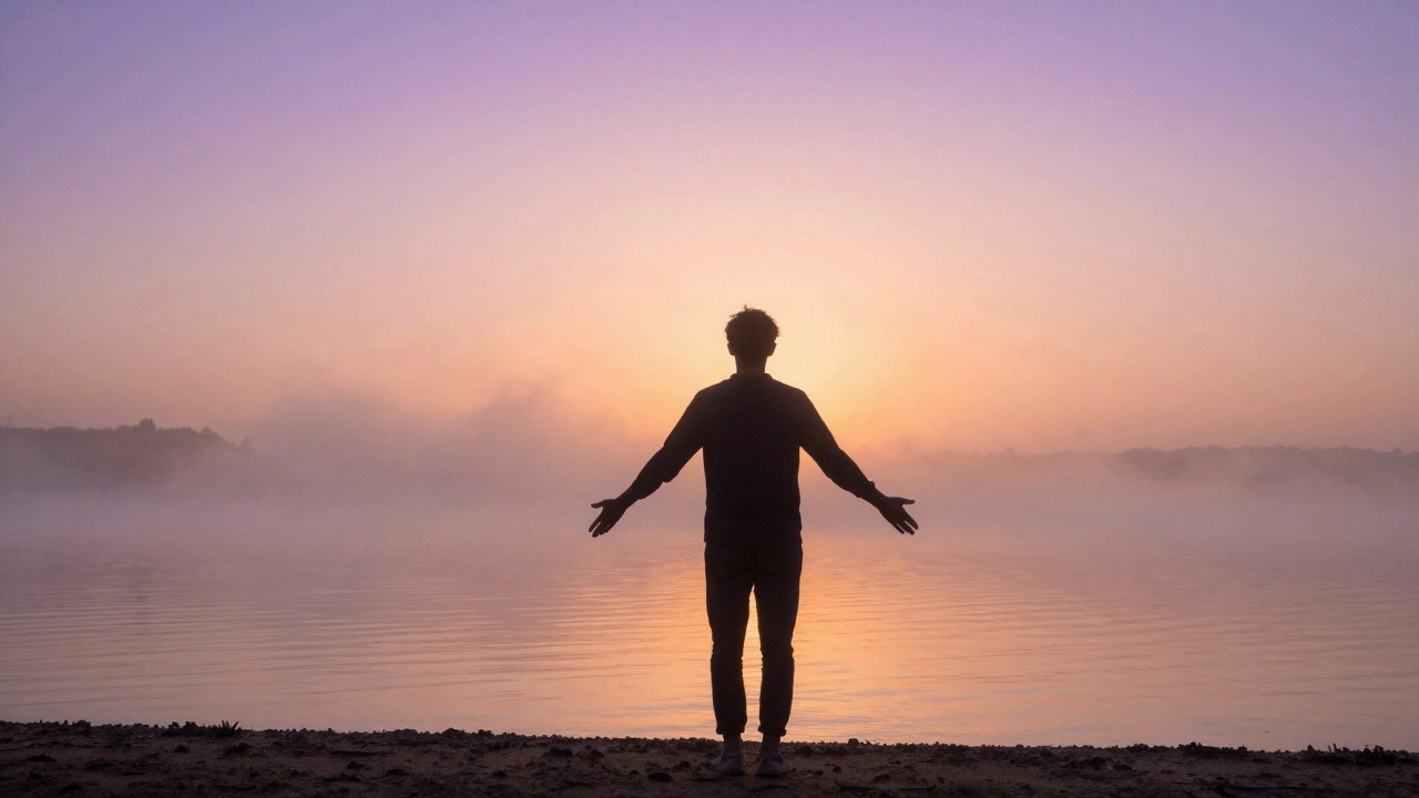 Silhouette releasing stress by lake at sunrise