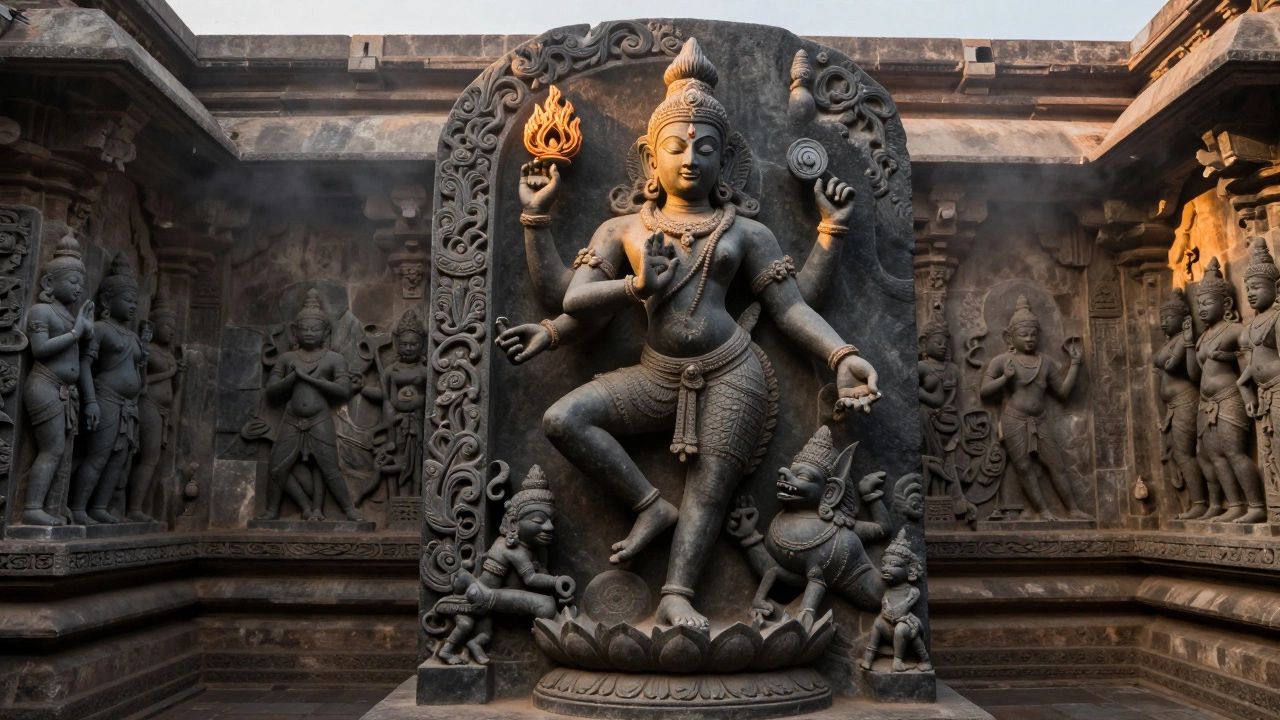 The Nataraja statue of Shiva dancing, surrounded by ancient temple carvings, illuminated by dawn light.