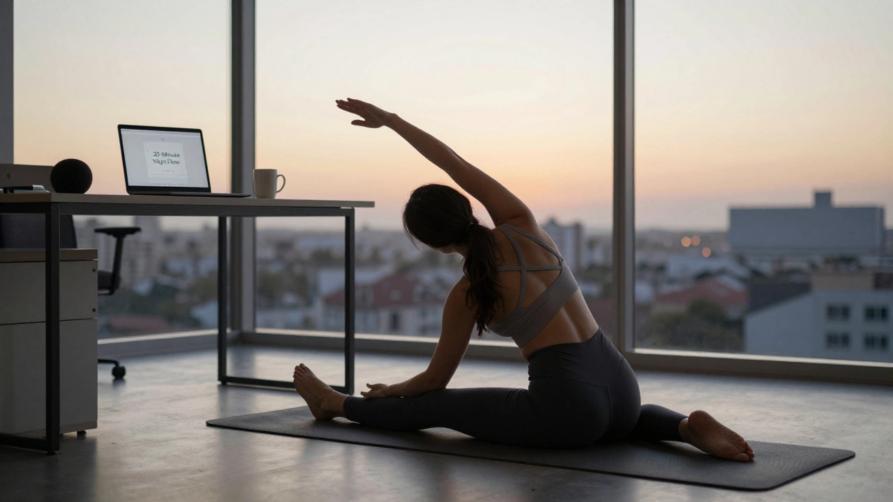 Woman doing yoga in a corporate wellness room with a fitness app visible on a laptop.
