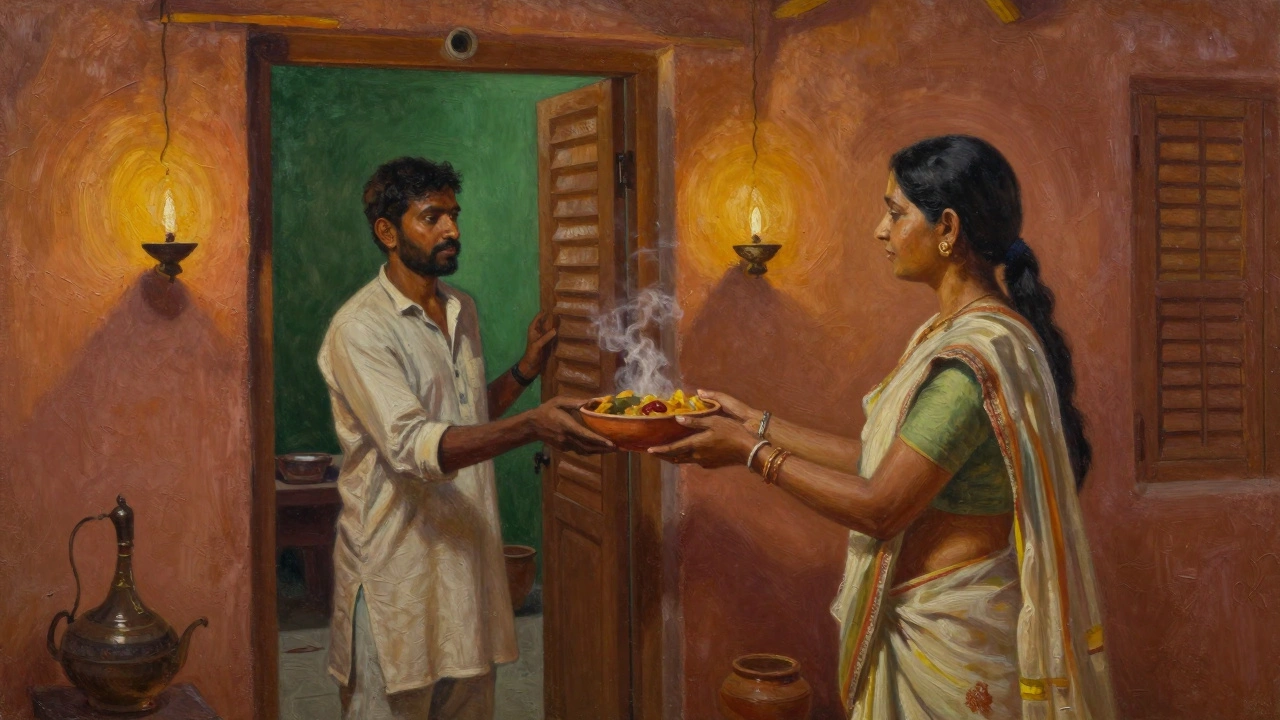 Woman warmly offering a clay bowl of food to a visitor in a traditionally decorated home
