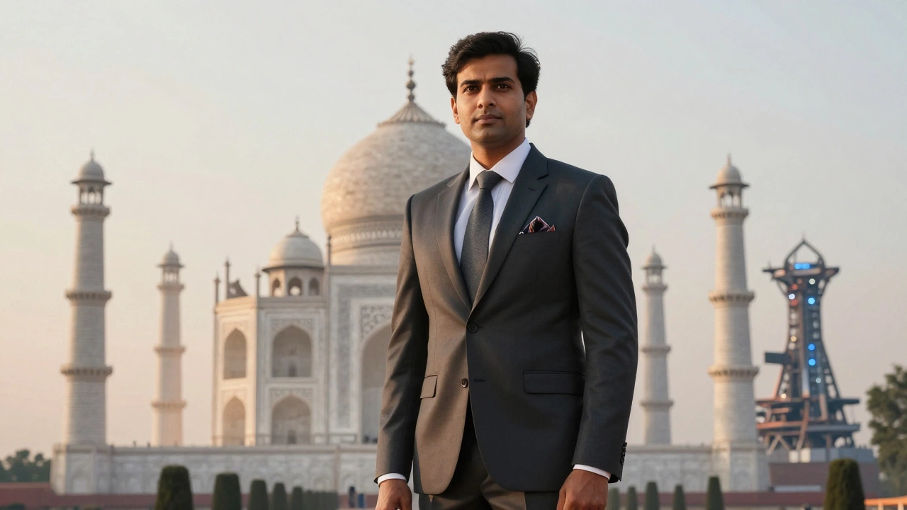 A confident Indian professional with the Taj Mahal and a space center in the background at sunrise.