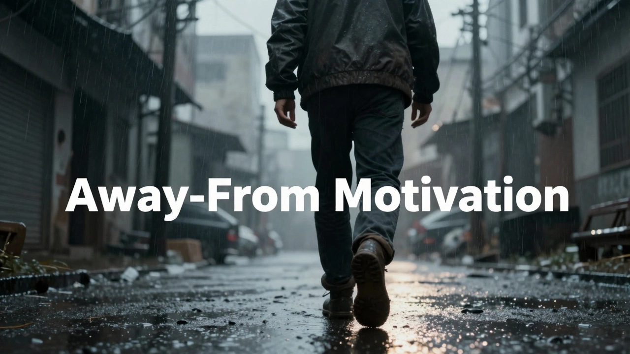 A determined person walking away from a gloomy urban environment toward a bright light