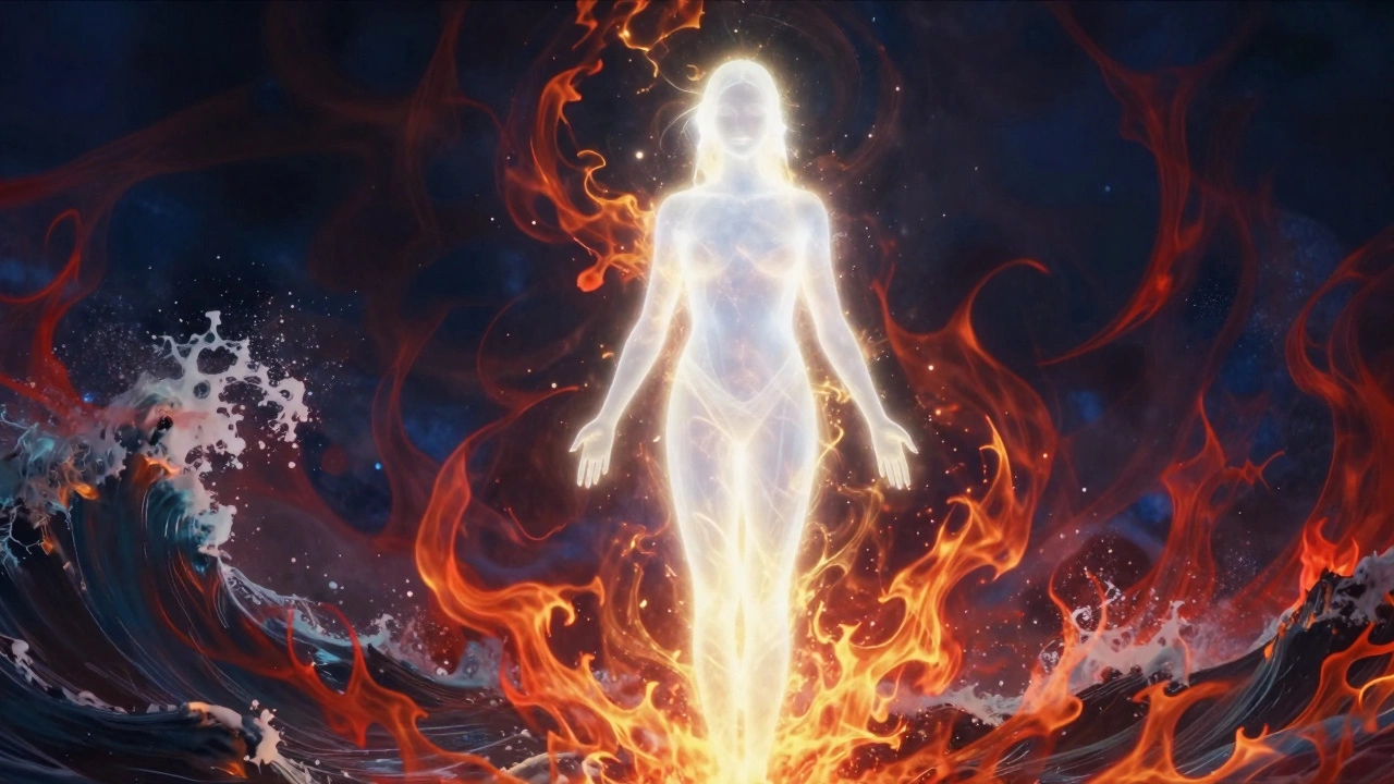 A glowing soul remaining peaceful and untouched by fire, wind, and storms