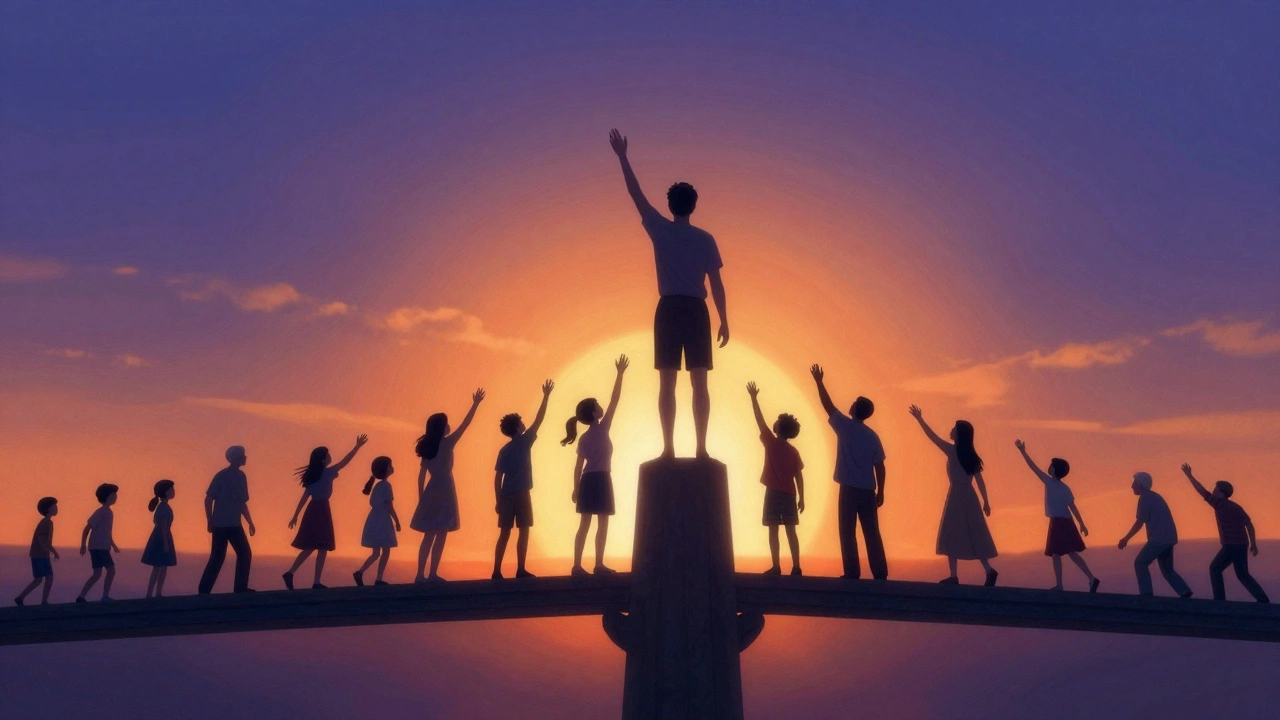 A person acting as a supportive bridge for a community reaching toward a bright horizon