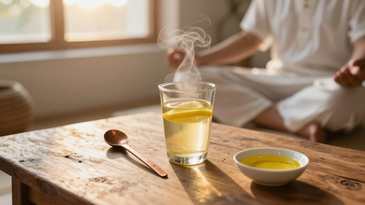 Ayurvedic morning ritual tools including warm water and sesame oil at sunrise.
