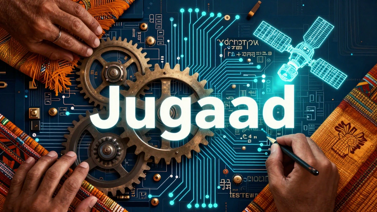 Digital art blending traditional Indian elements with modern technology and satellite blueprints.