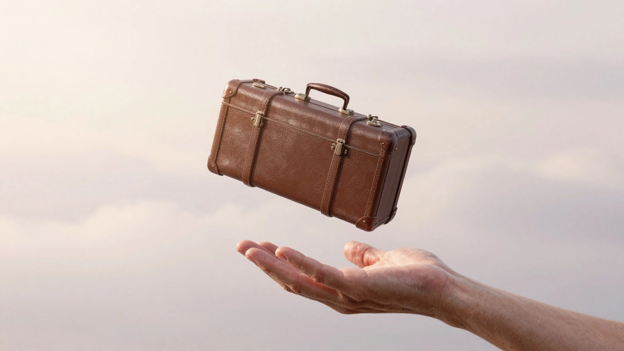 Hands releasing a heavy suitcase into a soft, cloud-filled void to symbolize surrender
