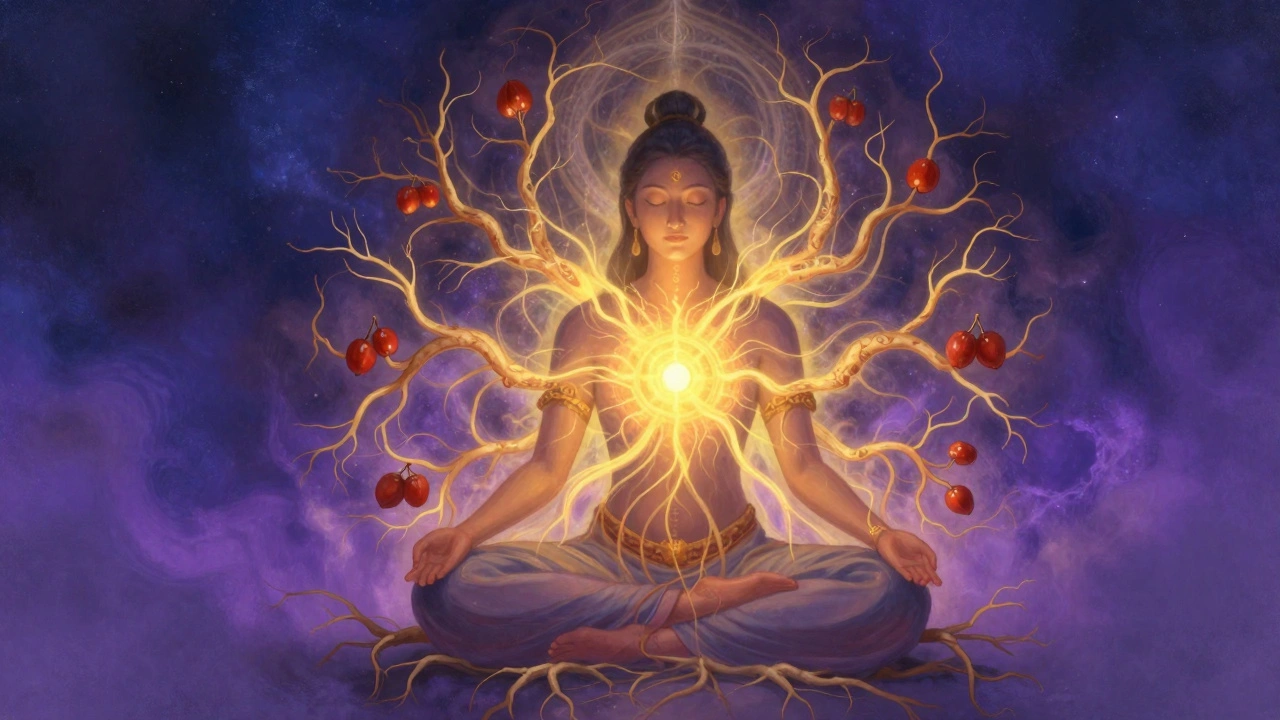 Meditating person surrounded by a golden halo of rejuvenating herbs and healing energy.