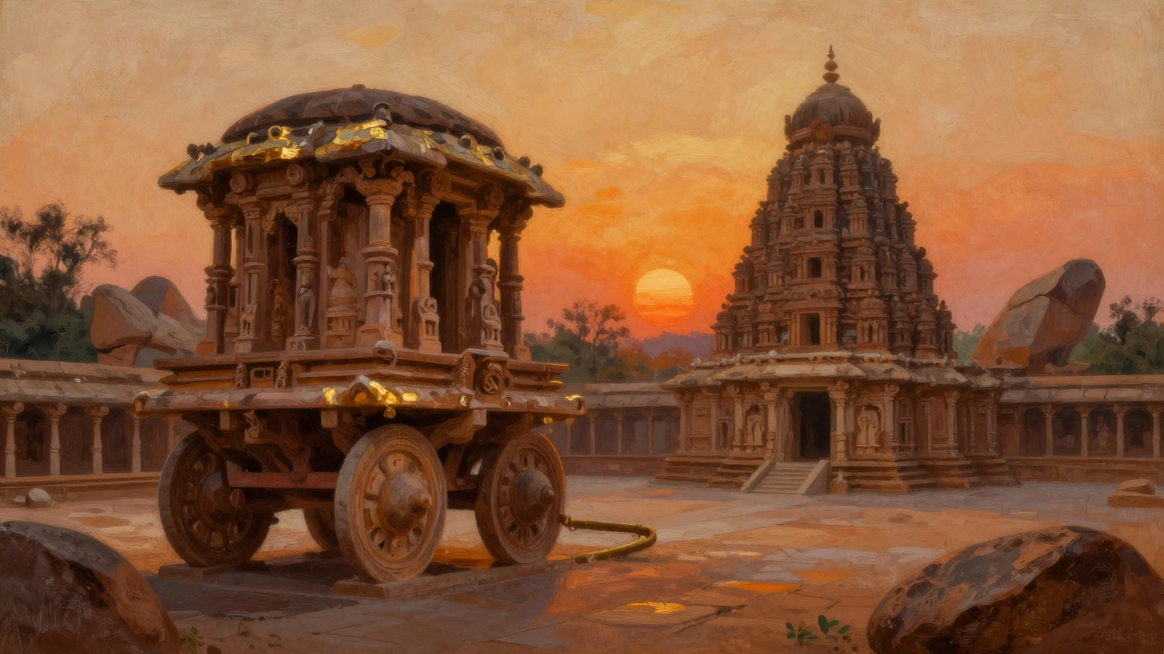 Stone chariot and granite boulders of the Hampi ruins during sunset.