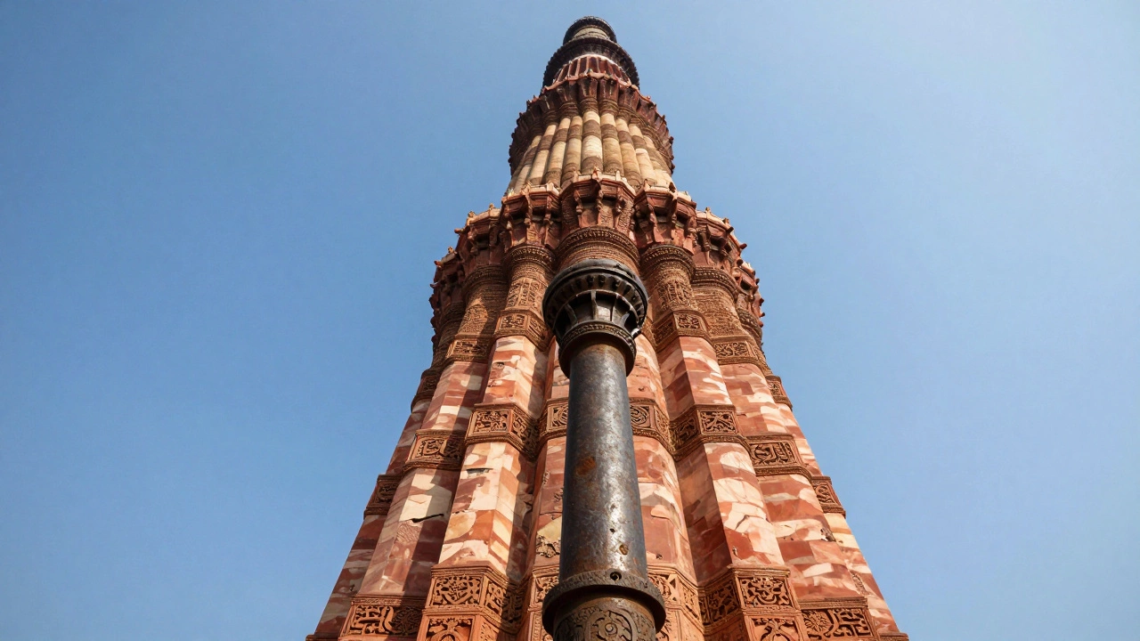 The Qutub Minar tower and the ancient Iron Pillar in Delhi under a blue sky.