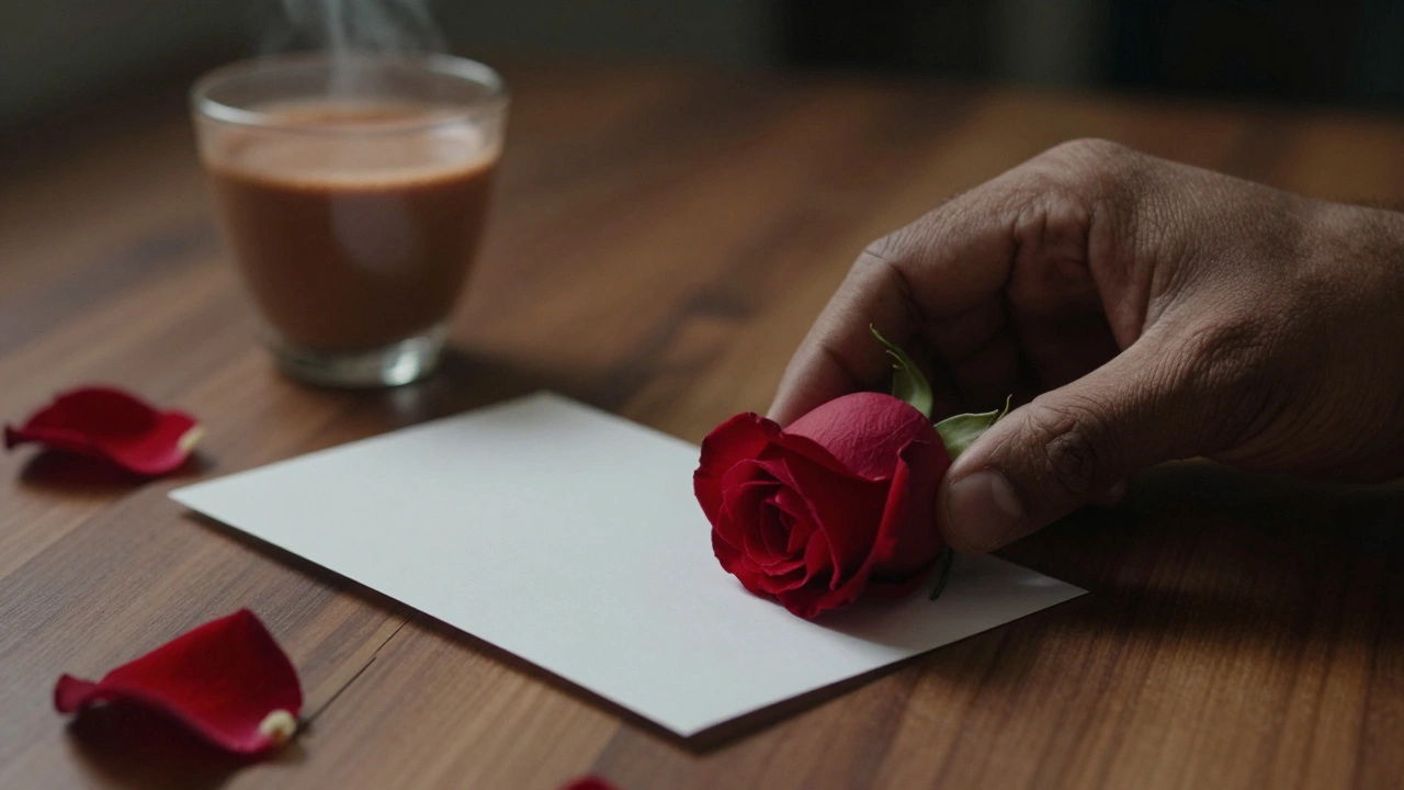 A hand placing a rose and card next to chai, symbolizing love