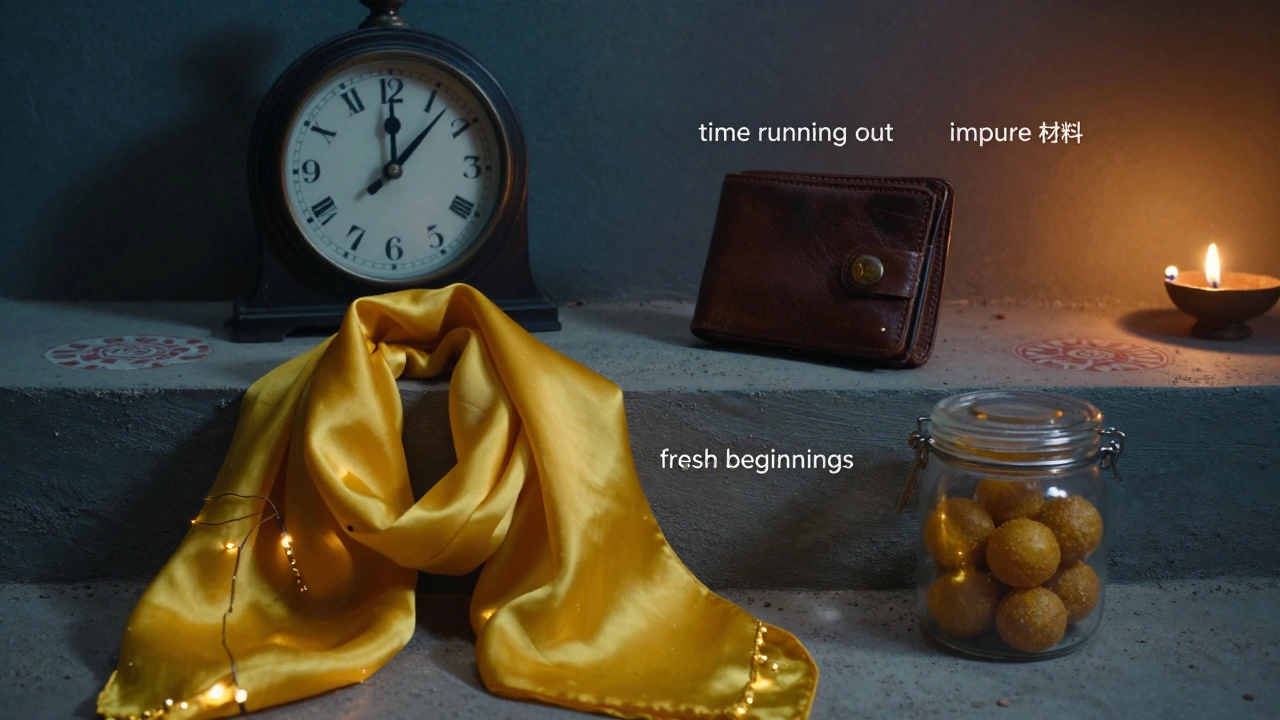 A silk scarf and sweets displayed brightly next to a dimly lit clock and leather.