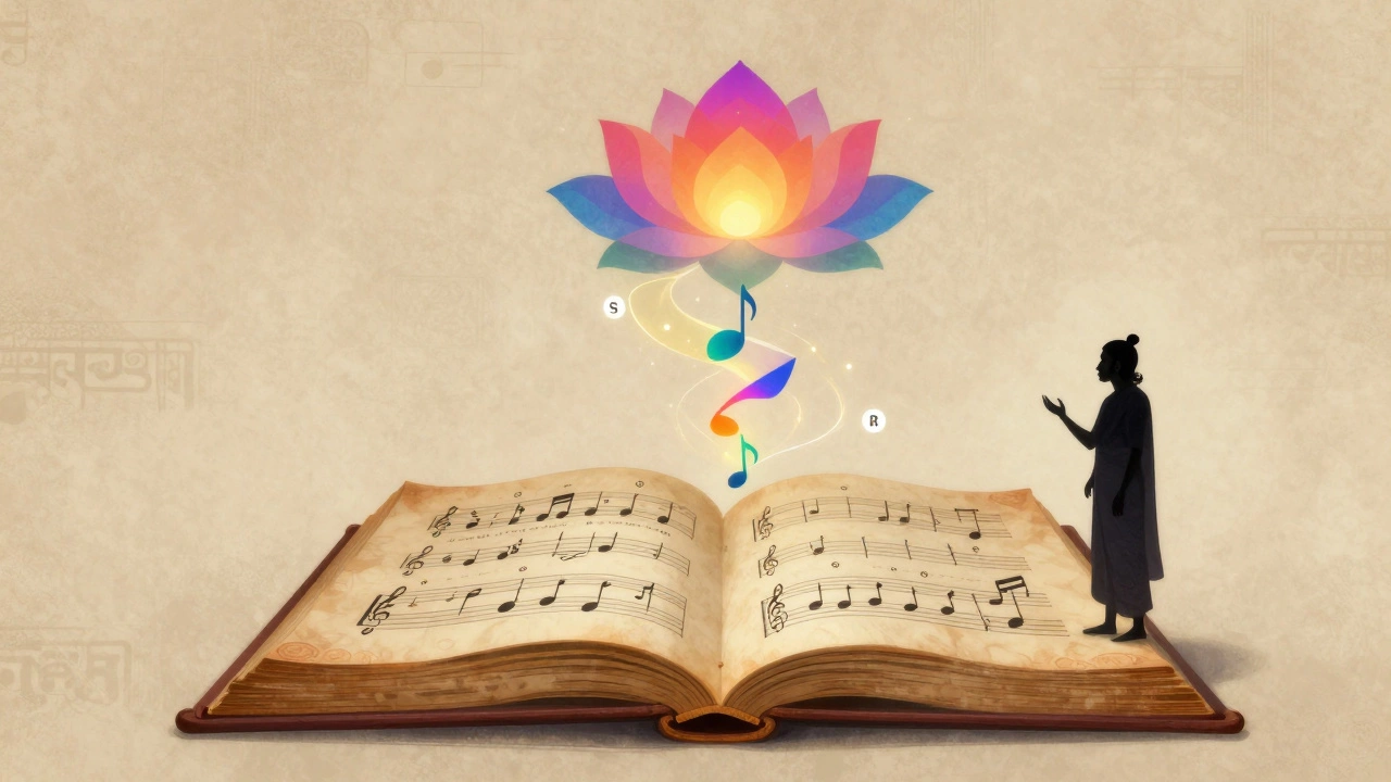 Abstract illustration of musical notes rising from an ancient manuscript