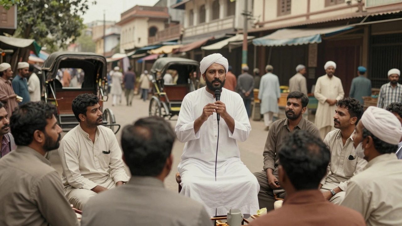 Crowd gathered in a busy Indian street listening to a public poetry recitation.