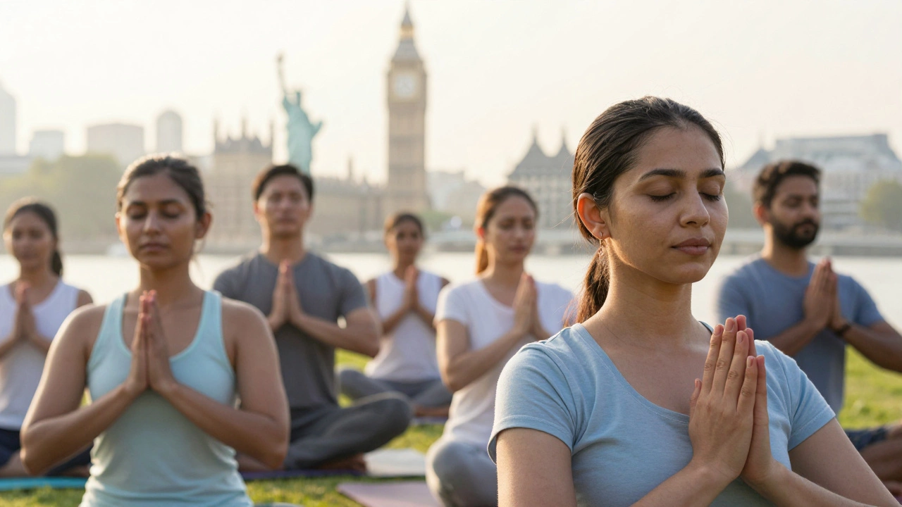 Diverse people practicing yoga in a sunlit park with global city landmarks blurred.