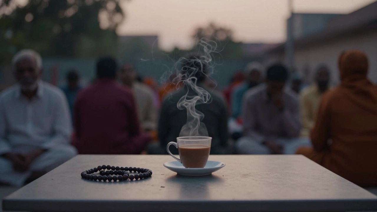 Empty table with chai and incense after funeral rites