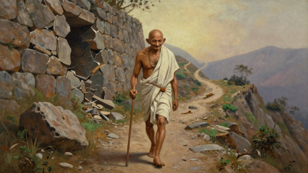 Gandhi walking on a mountain path past broken stones, symbolizing resilience