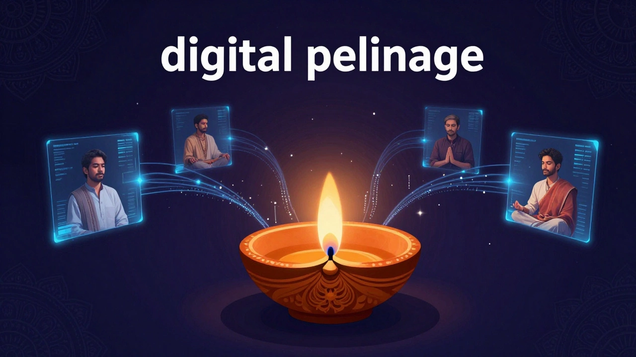 Glowing oil lamp transforming into digital light connecting meditators worldwide.