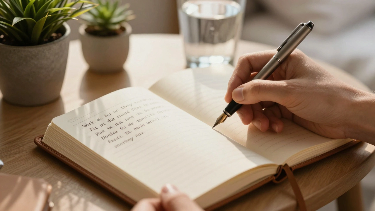 Hand writing morning quote in journal