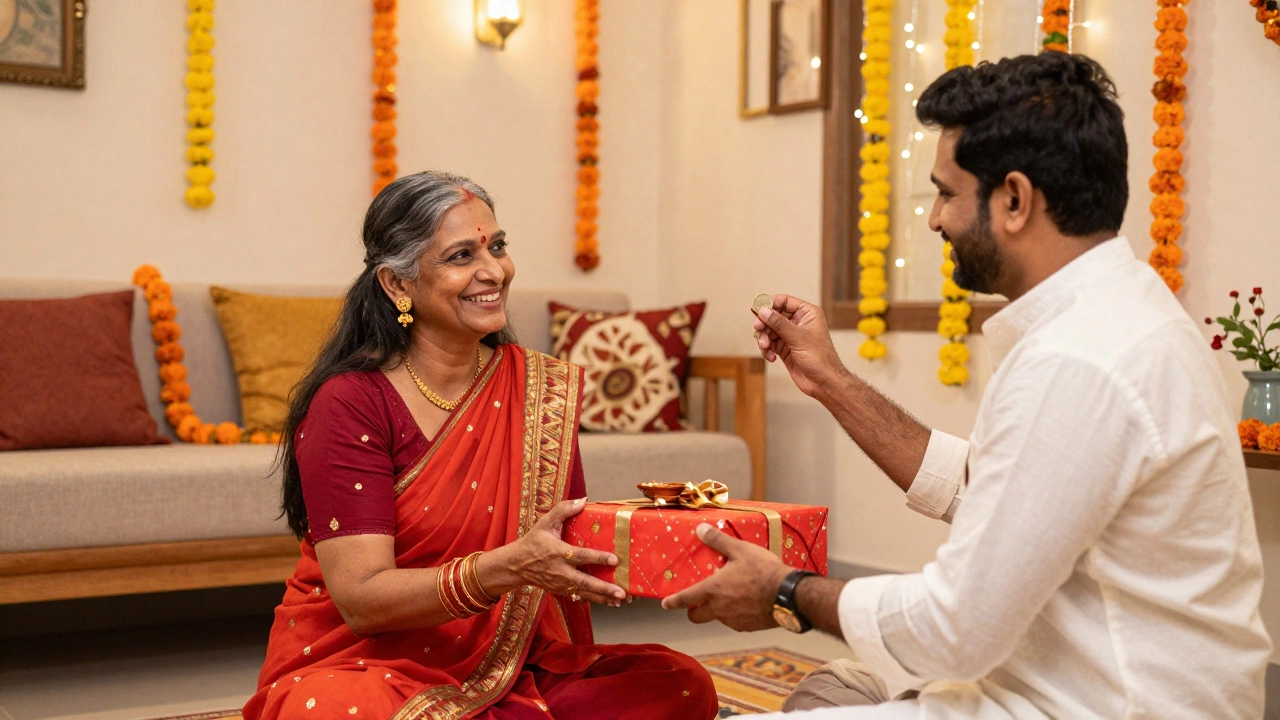 Indian family celebrating Diwali with red gifts and a coin exchange tradition.