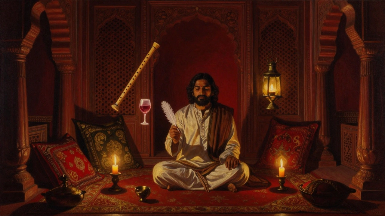 Mystical poet in a dimly lit traditional salon surrounded by symbolic objects.