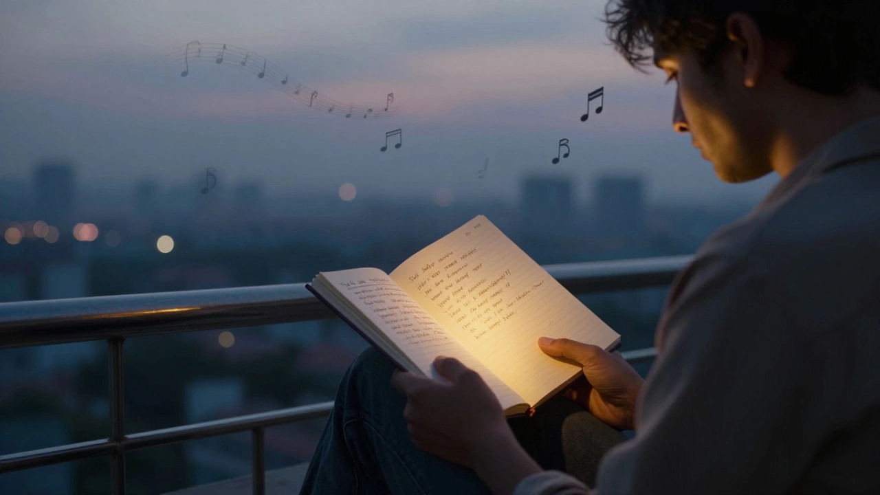 Person reading sad poetry on a balcony with city view at dusk