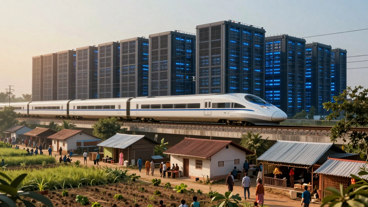 Rural village life juxtaposed with futuristic tech infrastructure in modern India.