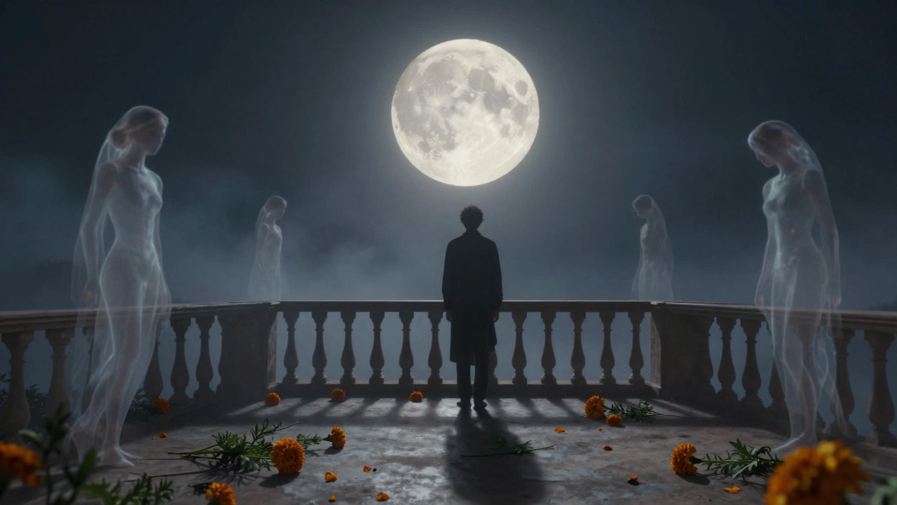 Silhouette addressing the moon over an empty balcony