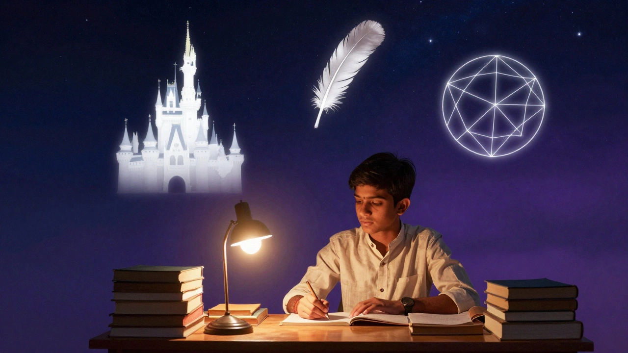 Student studying with floating symbolic figures of global leaders