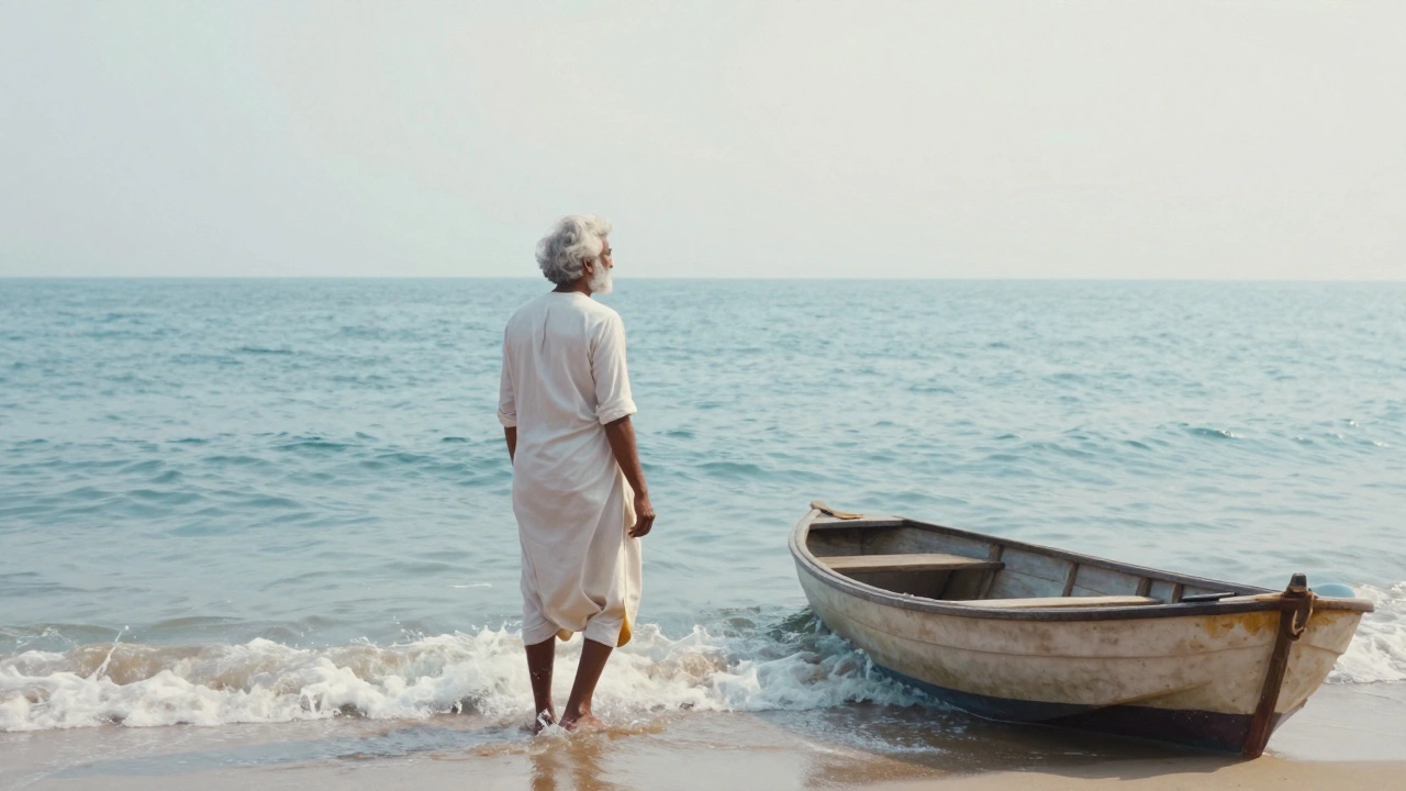 Tagore stepping into the sea with a boat nearby, symbolizing taking action