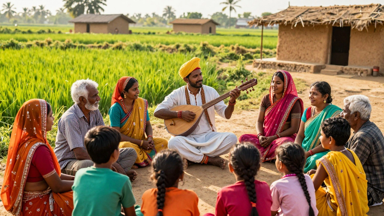 Villagers gathering around a musician playing a one-string Ektara in a field