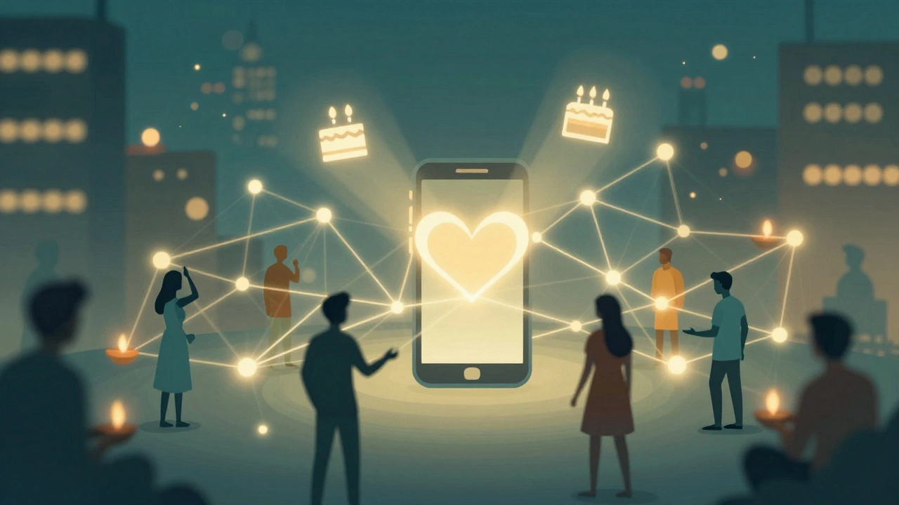 Abstract digital art showing connected people and glowing birthday symbols on a phone.