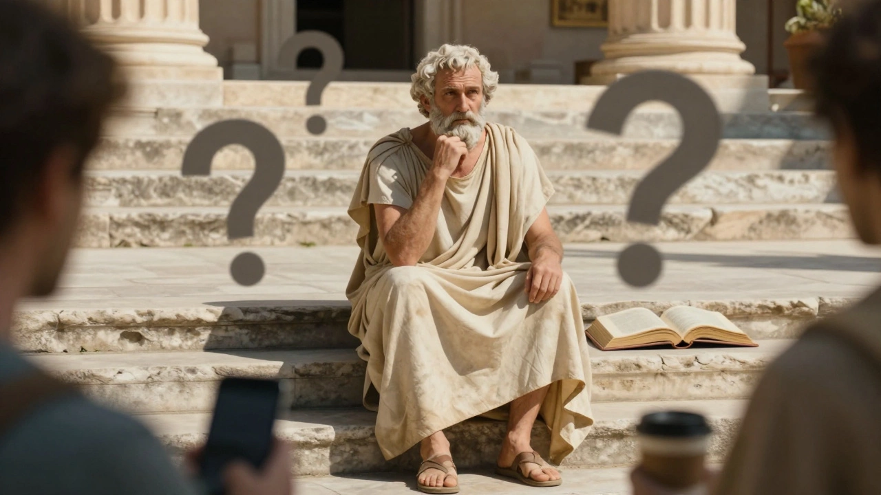 Ancient philosopher sitting thoughtfully in a sunlit historical setting