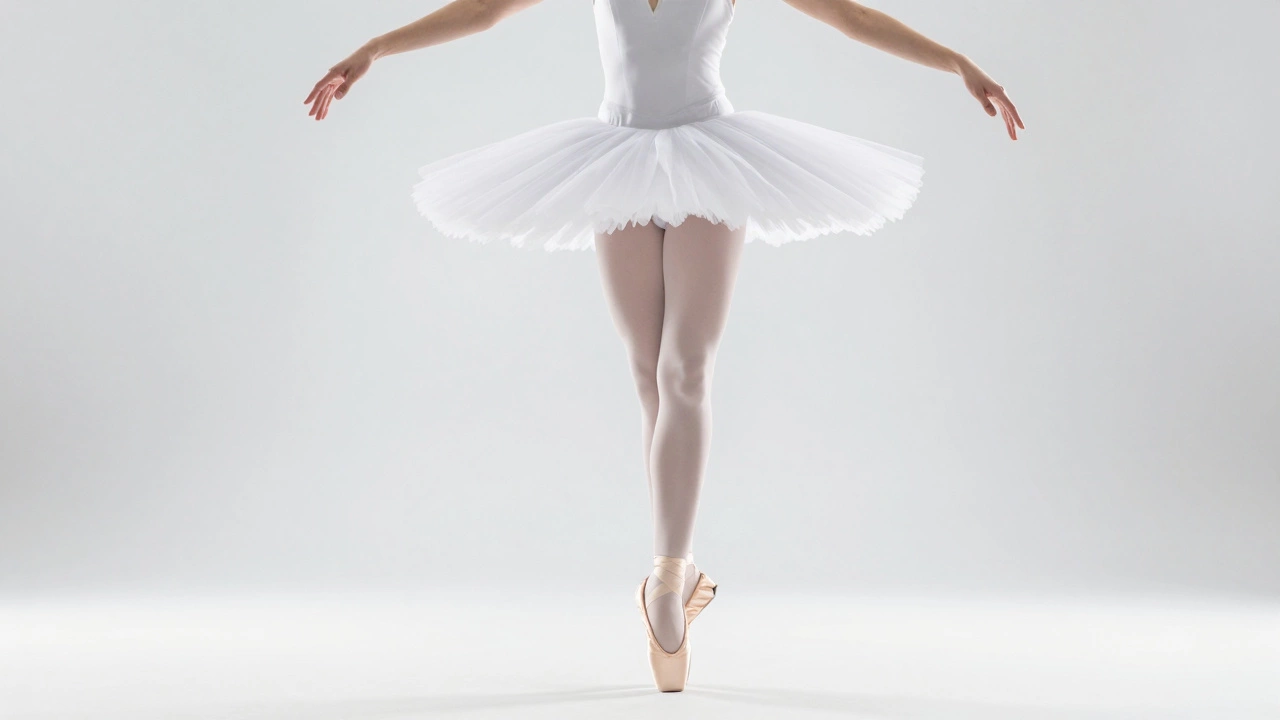 Ballet dancer balancing on pointe shoes in a white tutu