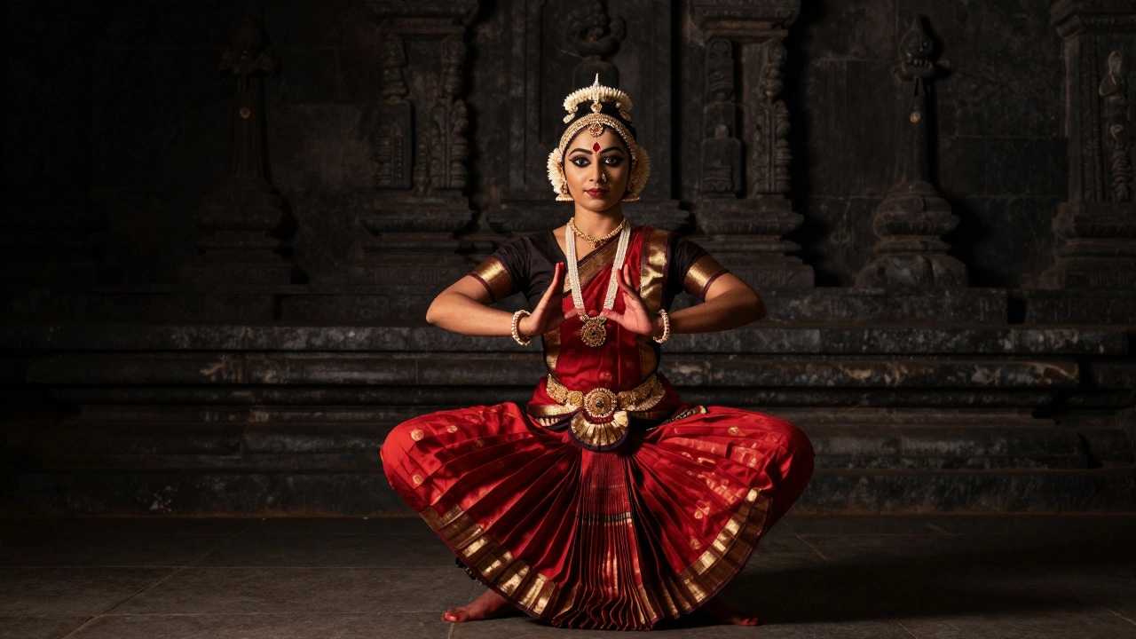 Bharatanatyam dancer in deep squat pose with precise hand gestures