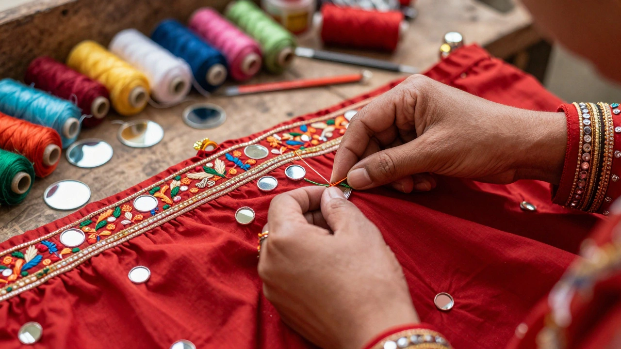 Close-up of hands performing intricate mirror work embroidery on a red Gujarati skirt.