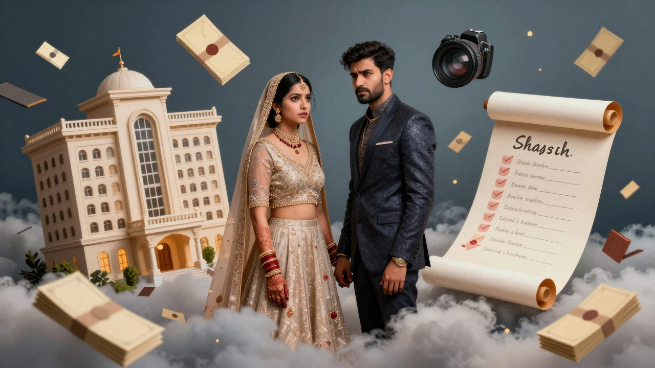 Couple surrounded by floating icons of hotels, cash, and cameras symbolizing wedding expenses.
