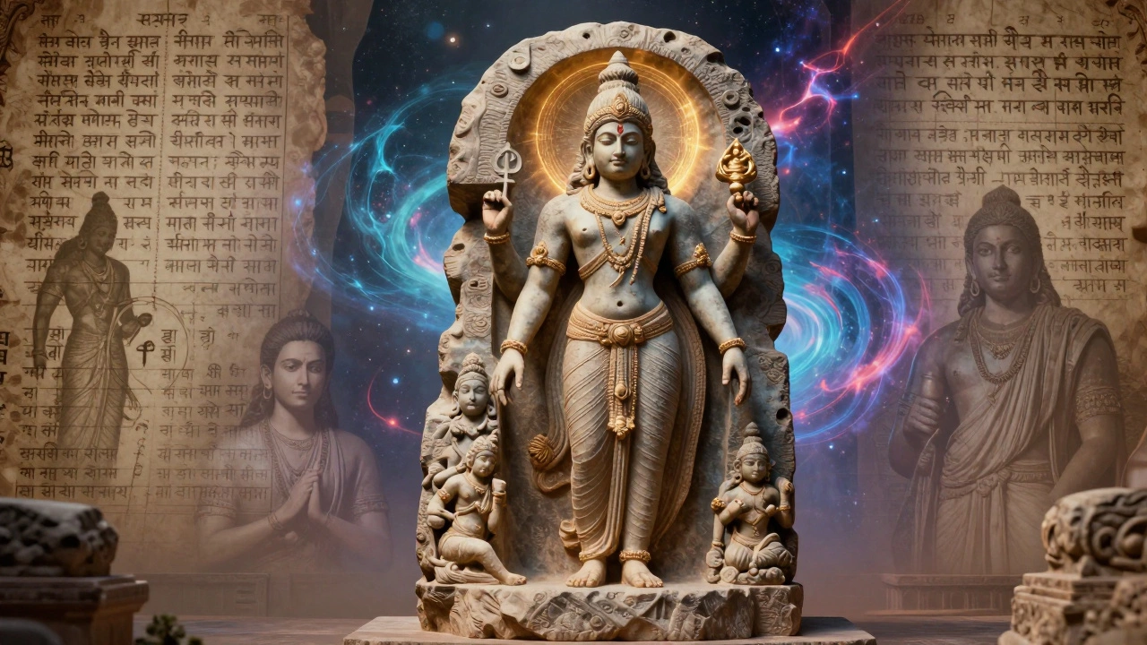 Deity evolving from stone statue to modern CGI digital art
