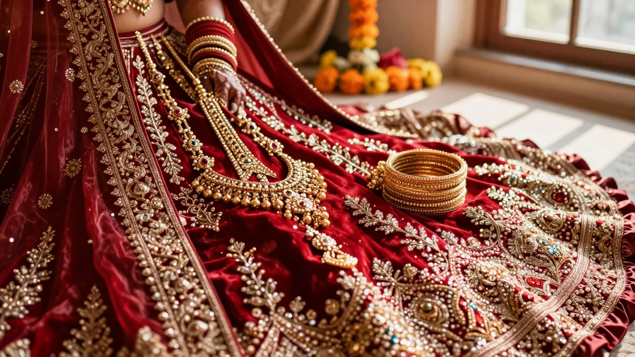 Expensive bridal lehenga and heavy gold jewelry displayed on velvet, highlighting attire costs.