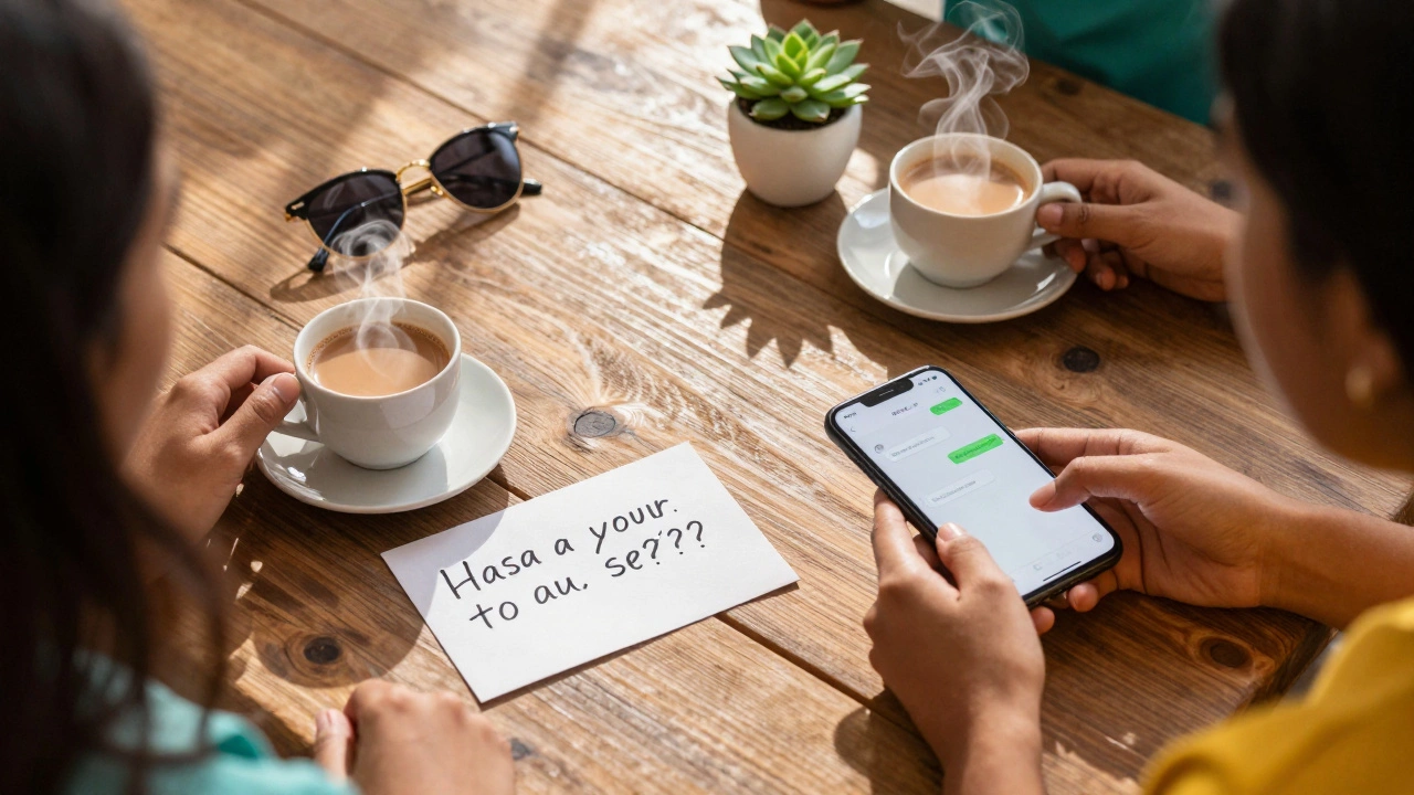 Flat lay of chai, sunglasses, and a handwritten note on a sunlit wooden table.
