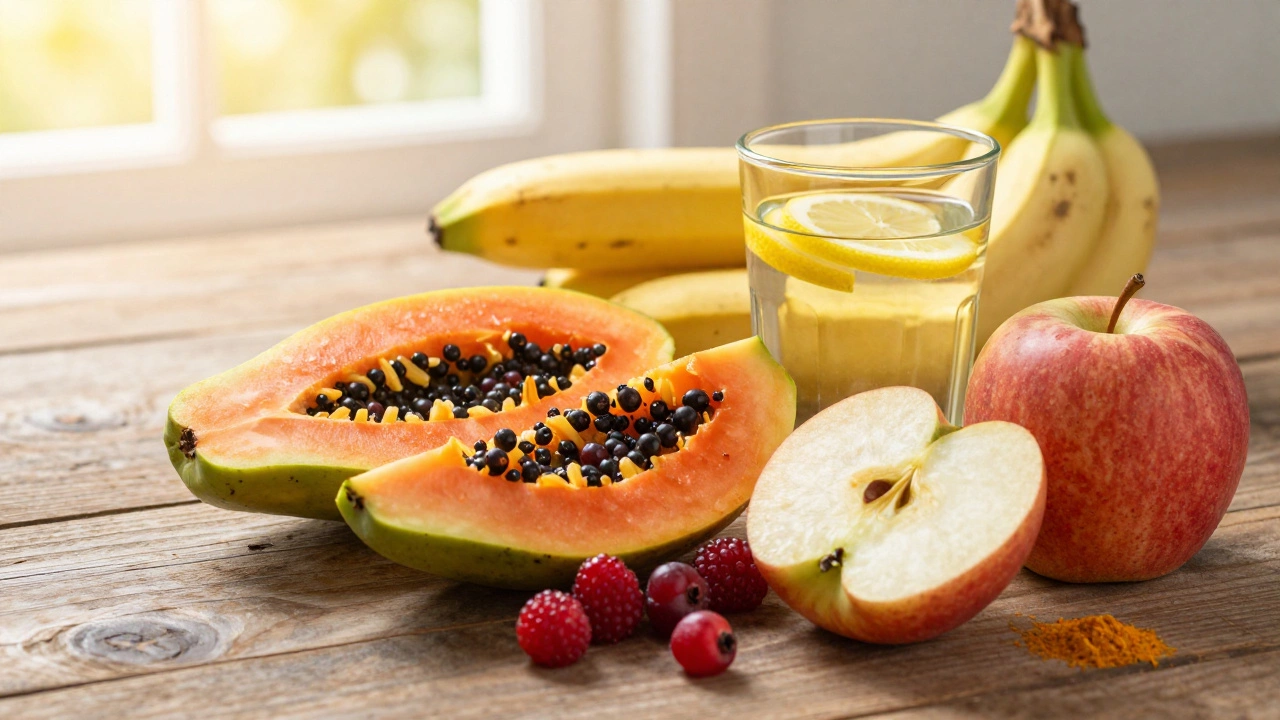 Fresh papaya, berries, and lemon water displayed as healthy morning fruit alternatives