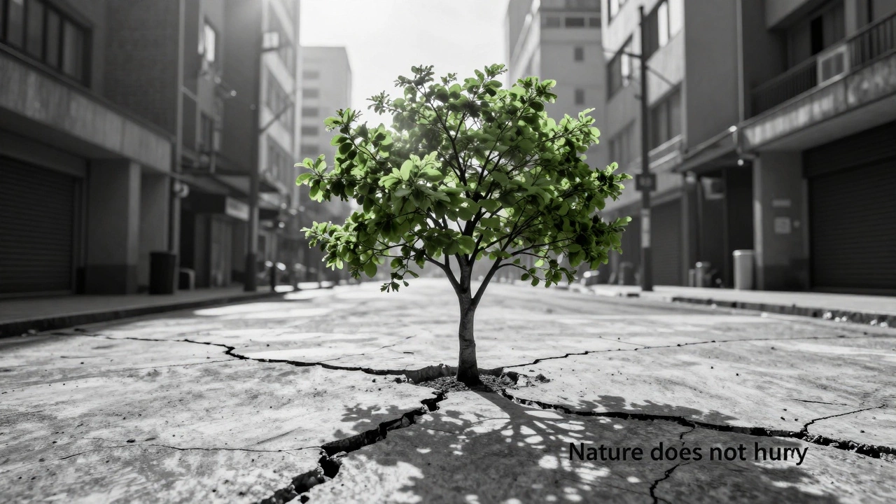 Green tree growing through concrete, symbolizing patience and resilience