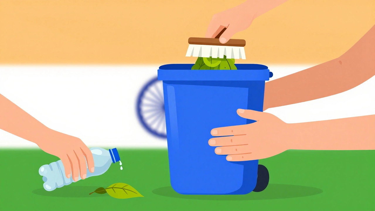 Hands picking up trash and recycling in a colorful setting