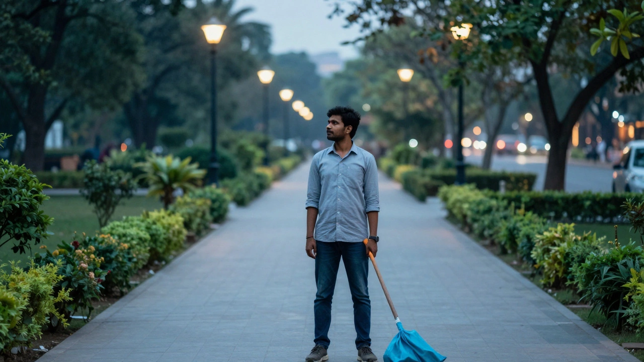 Person standing proudly in a clean, serene Indian park at dusk